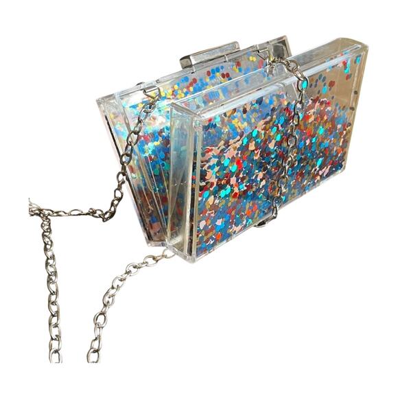 Acrylic Confetti Glitter Hard Clutch Purse Handbag chain strap clear rainbow y2k - Picture 5 of 14